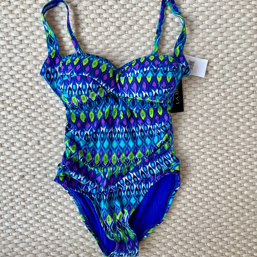LA BLANCA Womens Santorini Cobalt Ikat 1 Piece Swimsuit Multicolor New with Tag